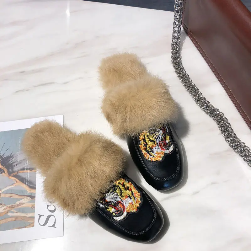 Женские шлепанцы лоферы мюли на плоской подошве женские с мехом Прямая поставка