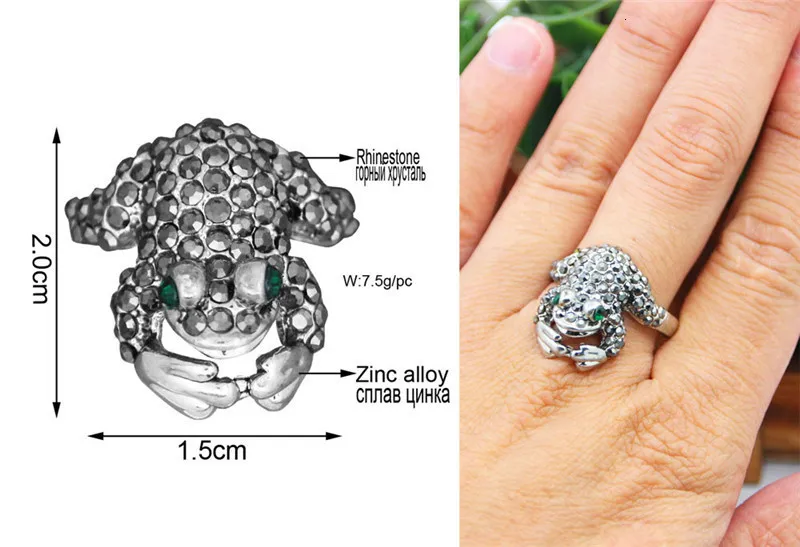 Exotic Frog Rhinestone Rings For Women Vintage Look Antique Silver Plated Animal Fashion Jewelry TR699