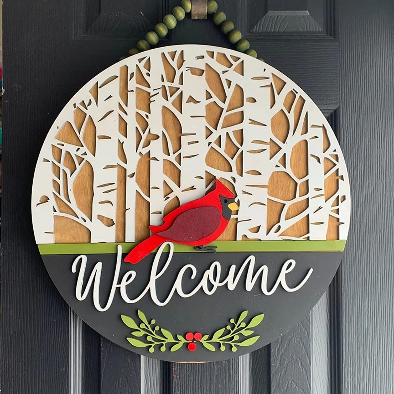 

Winter Cardinal Door Hanger 3D Wooden Xmas Decorations Front Door Welcome Wreath Hanging Sign for Indoor Outdoor Front Porch
