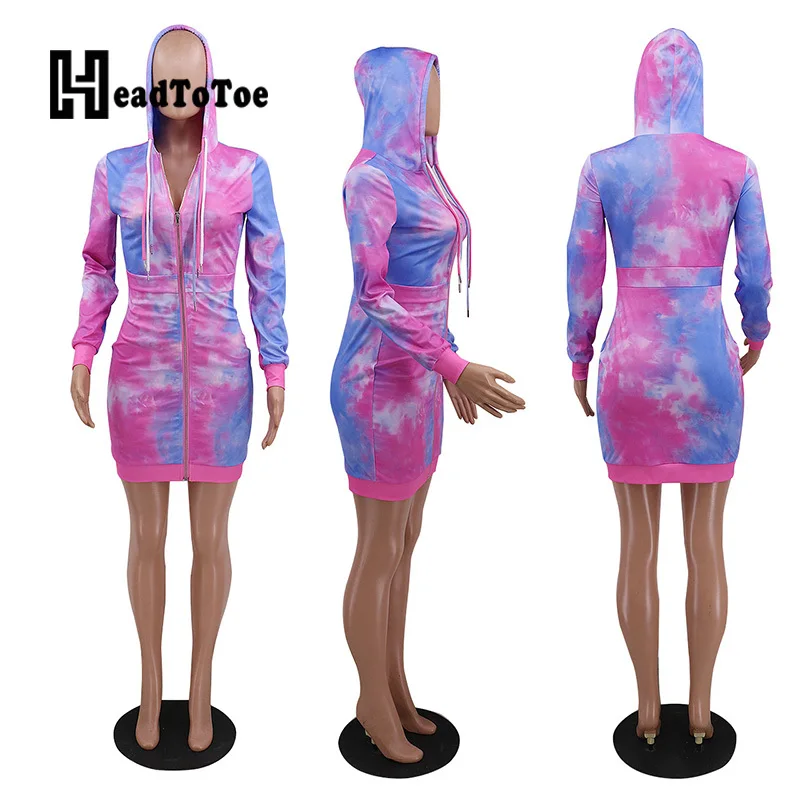 

Tie Dye Print Zipper Front Hooded Bodycon Dress Women Long Sleeve Slim Fit Casual Autumn Mini Dresses