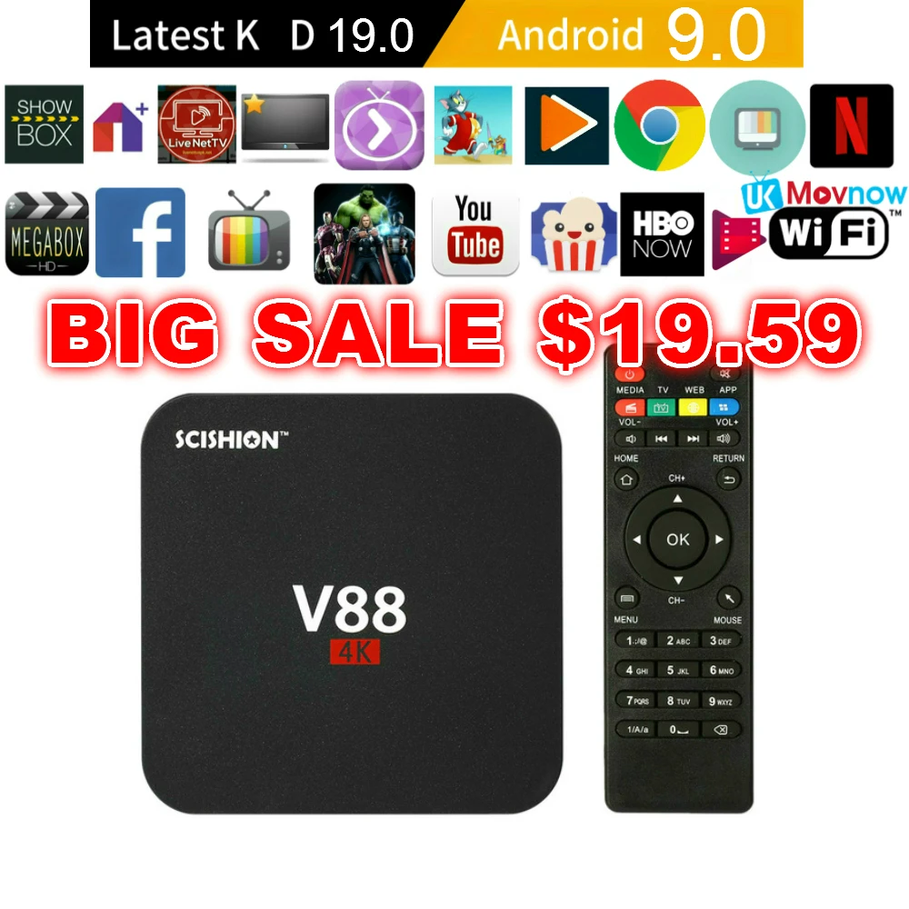 SCISHION V88 Android tv Box IP tv ОС Android 9,0 1 ГБ ОЗУ 8 Гб RK3229 четырехъядерный 1080P WiFi HDMI смарт ТВ приставка медиаплеер
