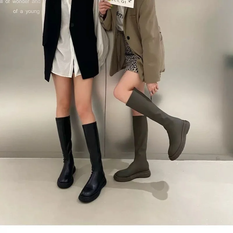 

Женские повседневные сапоги до колена, на платформе, с круглым носком, без застежки, на массивном каблуке