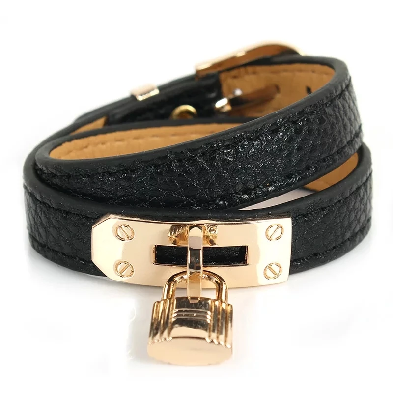 

Top Quality Punk Style Double Layer PU Leather Fabric Gold Lock Pendant Charms Bracelet Bangle For Women Men Jewelry Wholesale