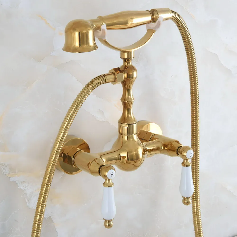 

Роскошный полированный латунный настенный кран для ванны золотого цвета с резьбой комплект для ручного душа + шланг 1500 мм, смеситель 2na833