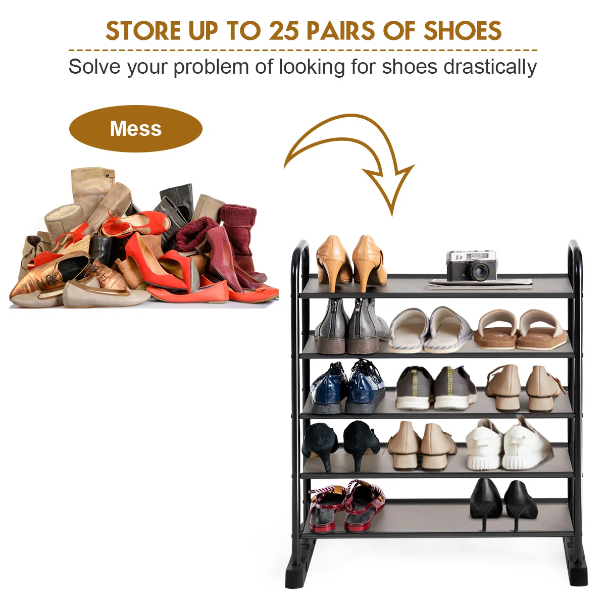 

Costway 5-Tier Shoe Rack Space-saving Shoe Organizer W/Metal Frame 25 Pairs Shoe Tower