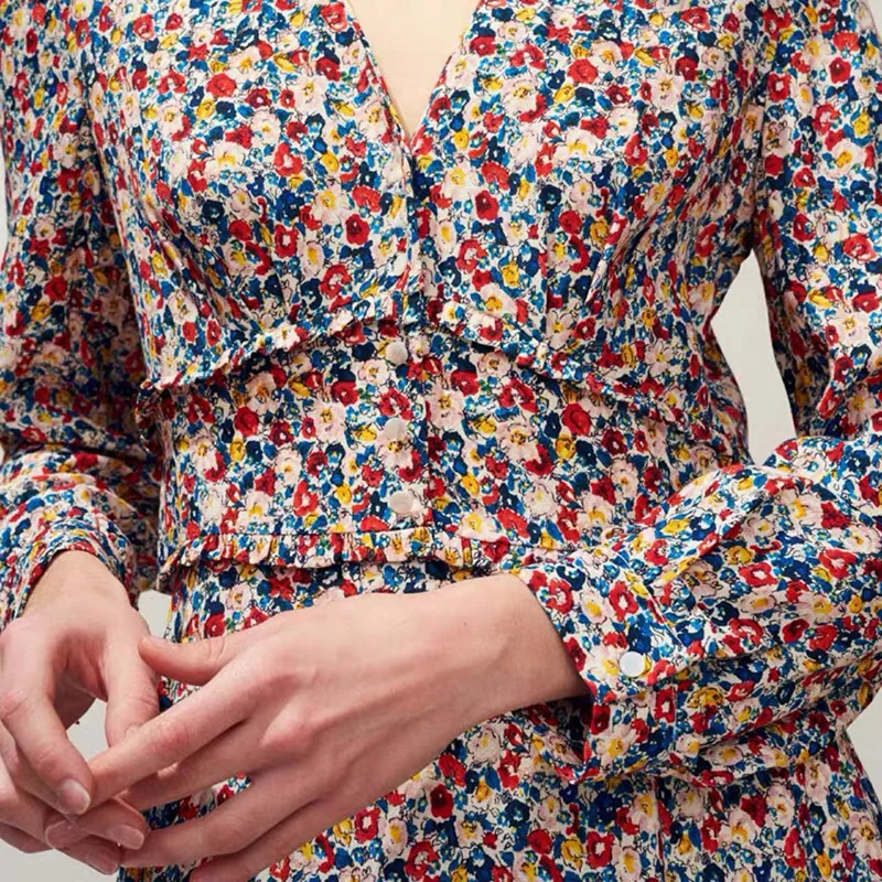 2020 New Women Viscose Floral Printed Short Mini Dress With V Neckline &amp Ruffled Detail | Женская одежда