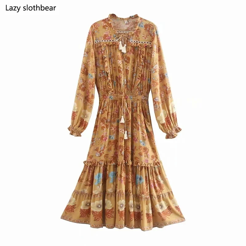 

Hot sale spring and autumn ladies floral print dress elegant temperament maxi bohemian dress
