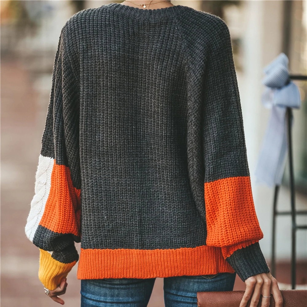 Fashion Women Contrast Color Patchwork Sweaters Autumn Casual Long Lantern Sleeve Knitted Pullovers Streetwear Loose Jumpers Женская