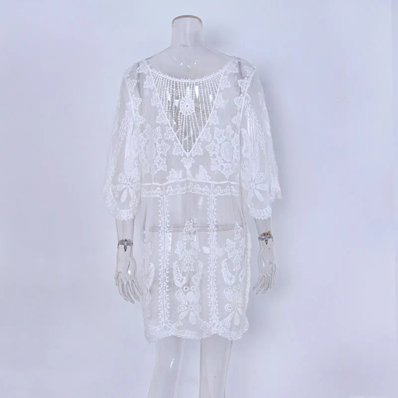

Sexy Lace Beach Dress Loose Bikini Cover Up Crochet Tunic White Hollow Beach Cover Up One Size Knitted Women Summer Clothing