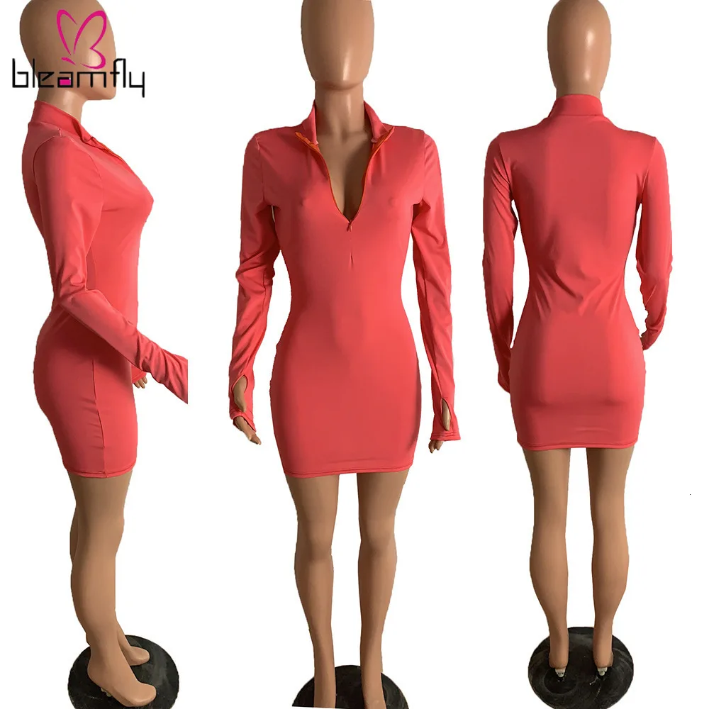 Лето осень женское облегающее мини платье миди на молнии с длинным рукавом