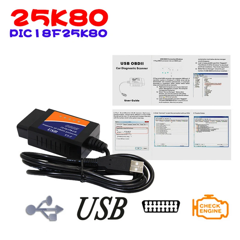 MINI OBDII USB сканер для мультибрендов CAN BUS ELM327 V1.5 OBD II диагностический кабель с 25K80