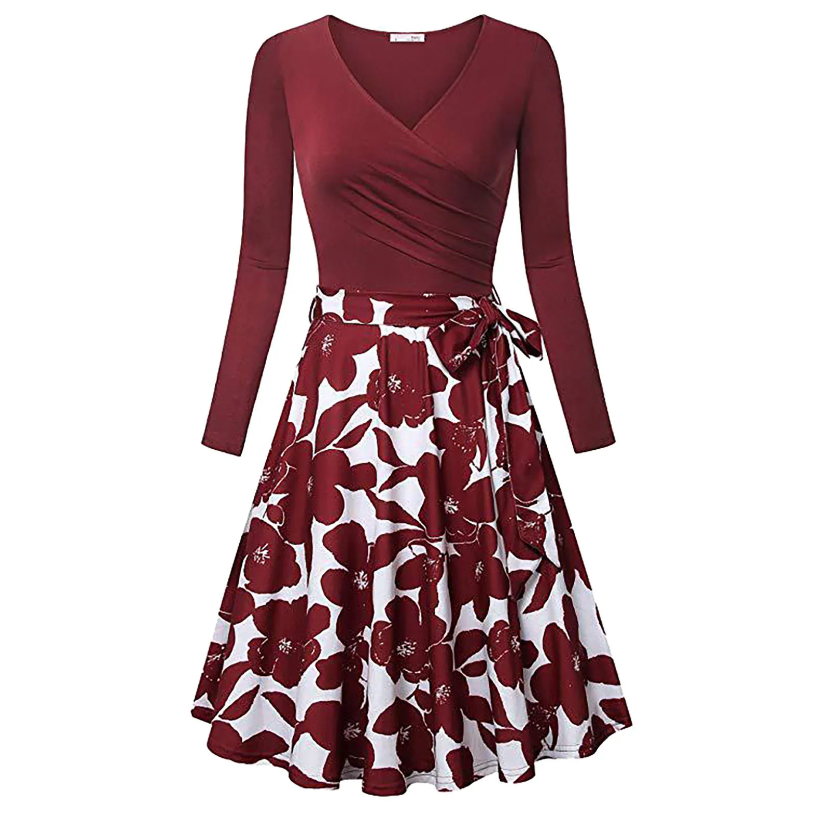 

Floral pleated new woman dress v-neck long sleeve Knee-length shirt dress Elegant Temperament casual women dresses ropa mujer