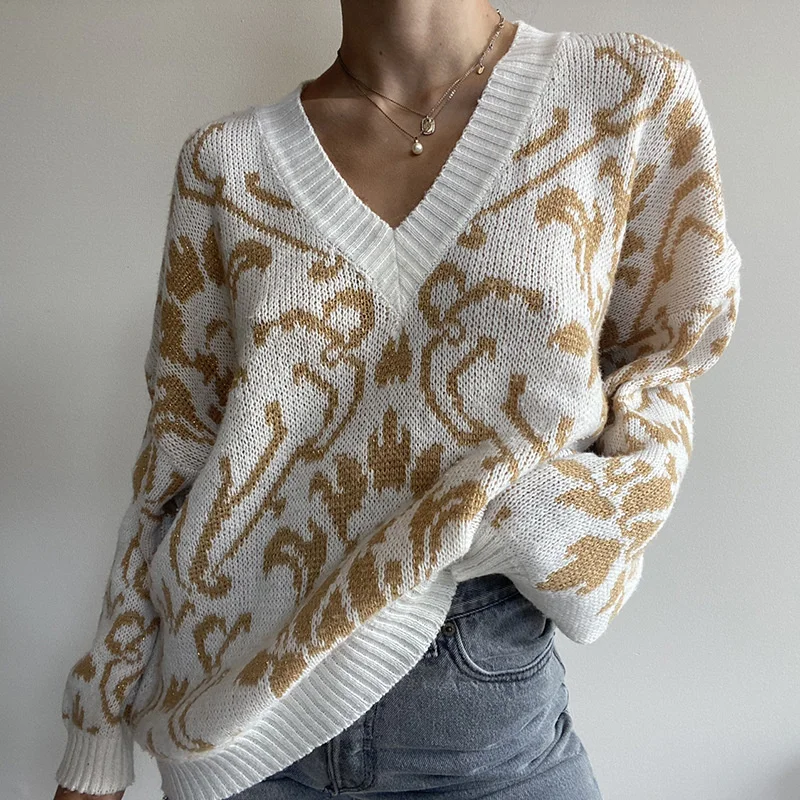 

Женский Мягкий Вязаный Пуловер Pull Femme 2021, свитер, женский свободный свитер с длинным рукавом и принтом, Модный вязаный пуловер с V-образным вы...