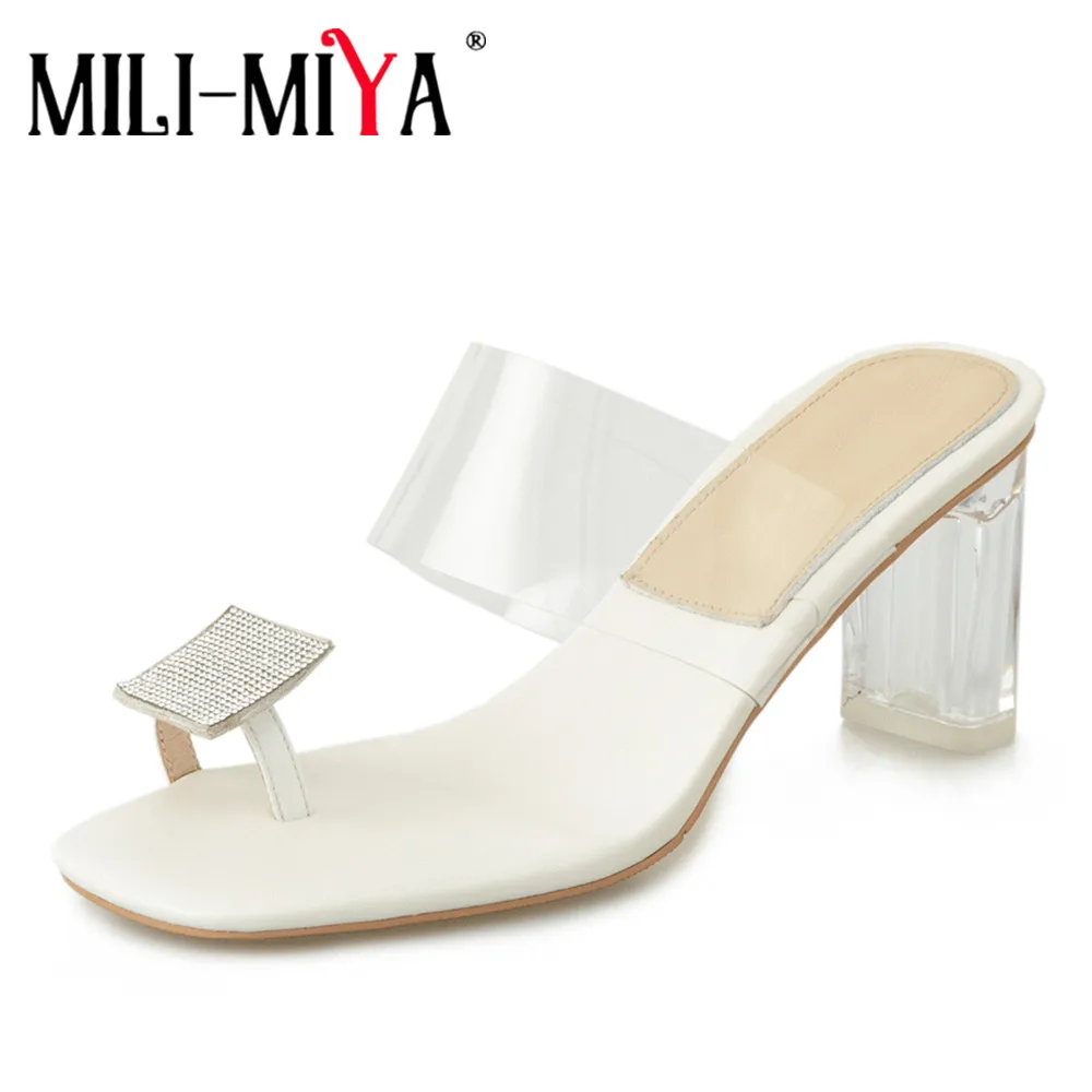 

MILI-MIYA Gorgeous Bling Crystal Flip Flops Summer Transparent Thick Heels Clear PVC Gladiator Sandals Women Dress Casual Shoes