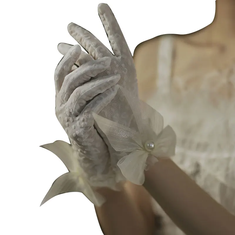 

Big Bowknot Lace Mesh Women Gloves Transparent Bow Wrist Gloves Bridal Wedding Gloves Short Full Fingers White Ivory Gloves