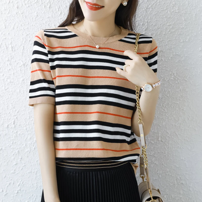 

2021 Spring And Summer New Short-Sleeved Woman O-neck Striped Pullover Vest Slim Fashion Knitted Bottoming T-Shirt Large Size