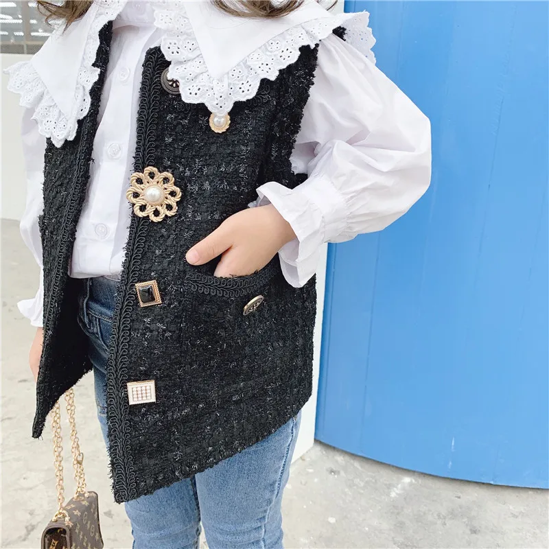 WLG/модный жилет для девочек детский осенний Черный Алмазный с цветочным рисунком