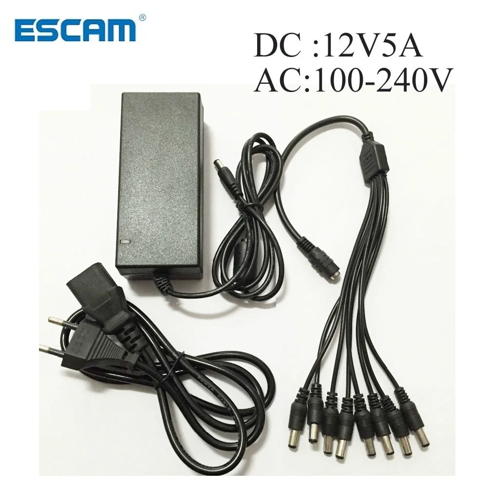 Адаптер питания Escam DC 12 В 5 А + 8 раздельных кабелей для камер видеонаблюдения