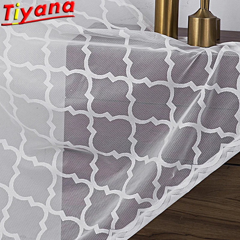 

White Linen Embroidered Geometric Tulle Curtain for Living Room Modern Diamond Gauze Voile For Bedroom Balcony *VT