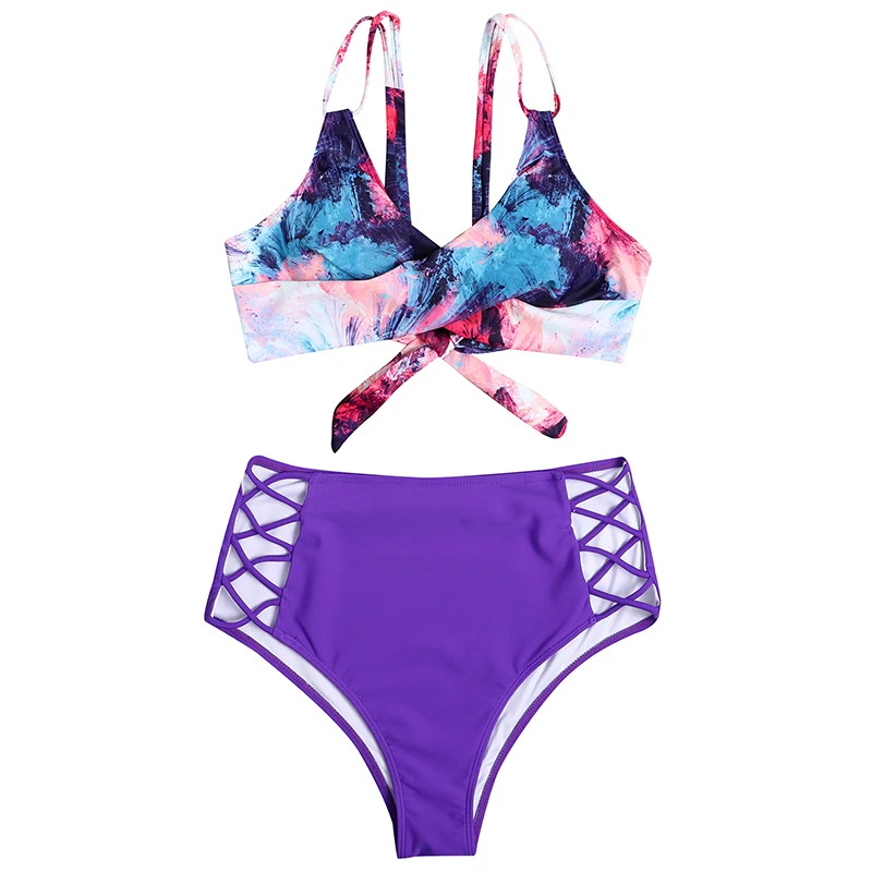 

Printed fork strap split high waist bikini set swimsuit women hot sale sexy lace-up two-piece swimwear 2021 new beach swimsuit