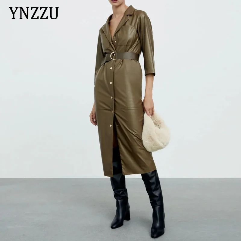 

Женское офисное платье из искусственной кожи с поясом, осенне-зимнее модное однобортное платье армейского зеленого цвета до середины икры, ...