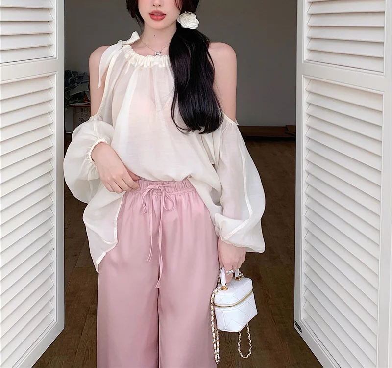 

Casual Pants Sets Summer 2 Two Piece Set Women Long Sleeve Halter Slightly Transparent Sunscreen Top and High Waist Long Pants