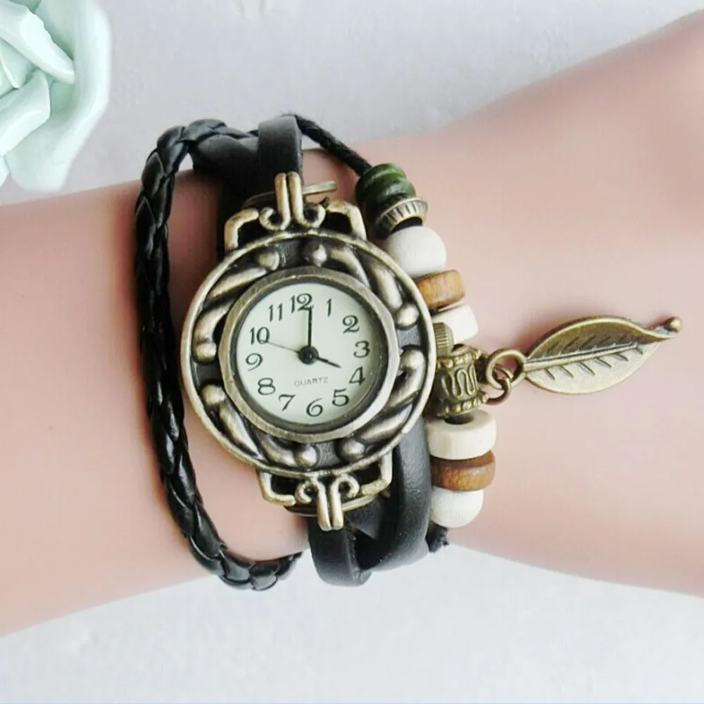 

Relogio Feminino Women Watch Brown Retro Weave Wrap Lady Bead Leaf Dangle Bracelet Bangle Quartz Wrist Watch Relogio Masculino