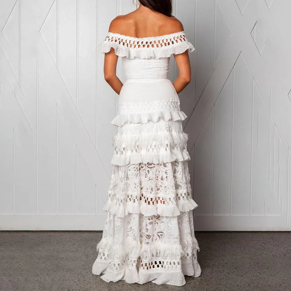 Платье женское вечернее длинное с открытыми плечами элегантный ажурный пляжный