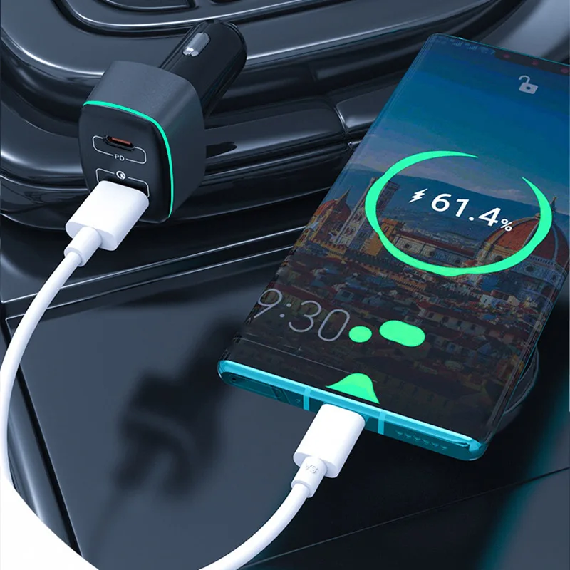 

Type C Car Charger PD 100W LED Dual USB + QC 3.0 Fast Charging Adapter Cable for IPhone 12 11 Pro Max 6 7 8 X Huawei