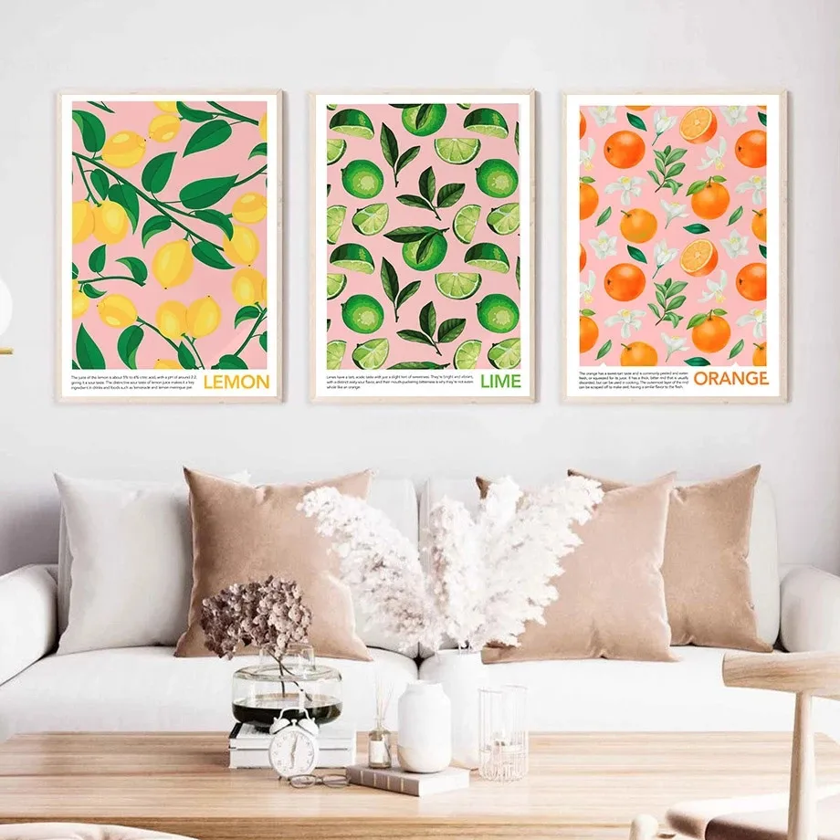 Настенная картина на холсте с пастельным фруктом и цветами скандинавские