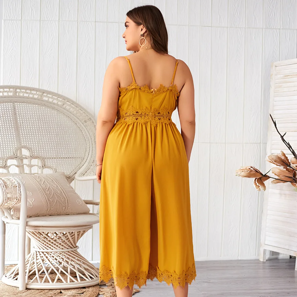 

New 2021 ladies summer plus size halter long jumpsuit for women large sexy sleeveless lace yellow jumpsuits 3XL 4XL 5XL 6XL