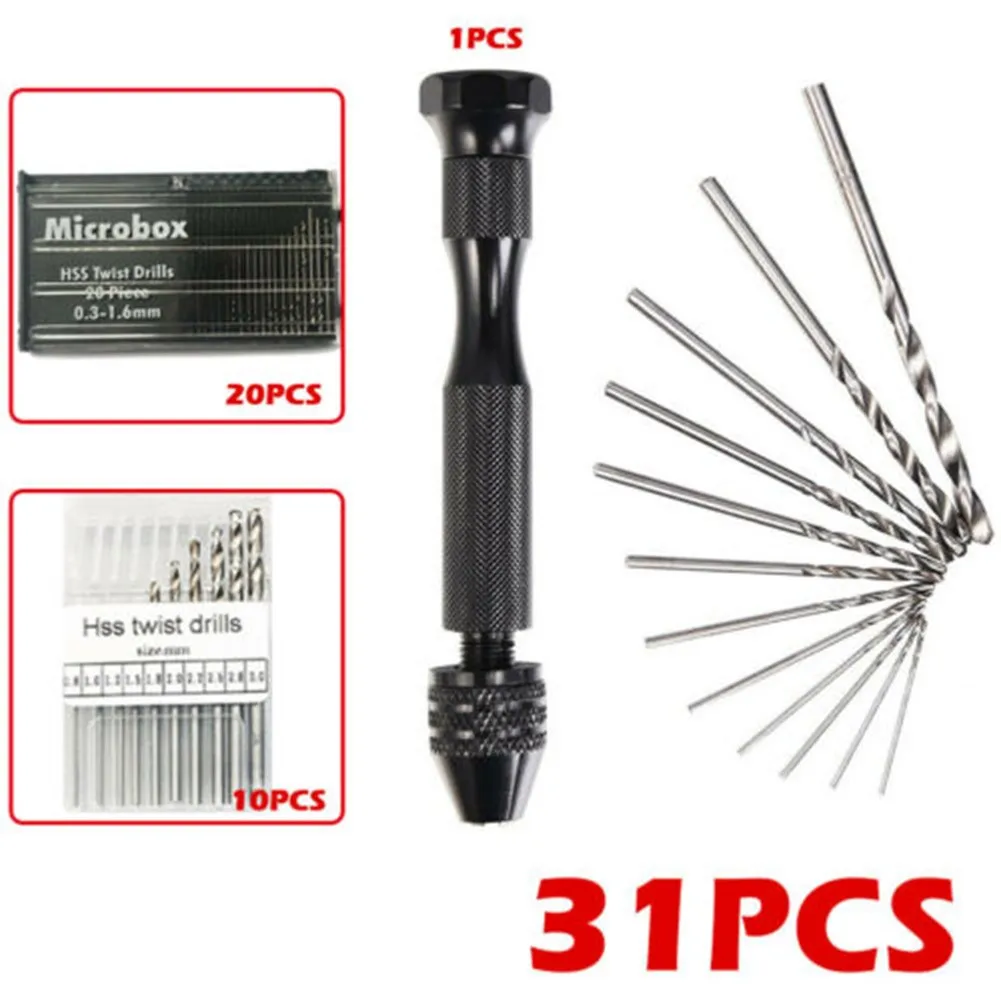 

31Pcs Drill Metal Pin Vise Hand Drill Cordless 0.3-3.0mm HSS Mini Micro Spiral Hand Manual Drill Chuck Pin Vise Bit
