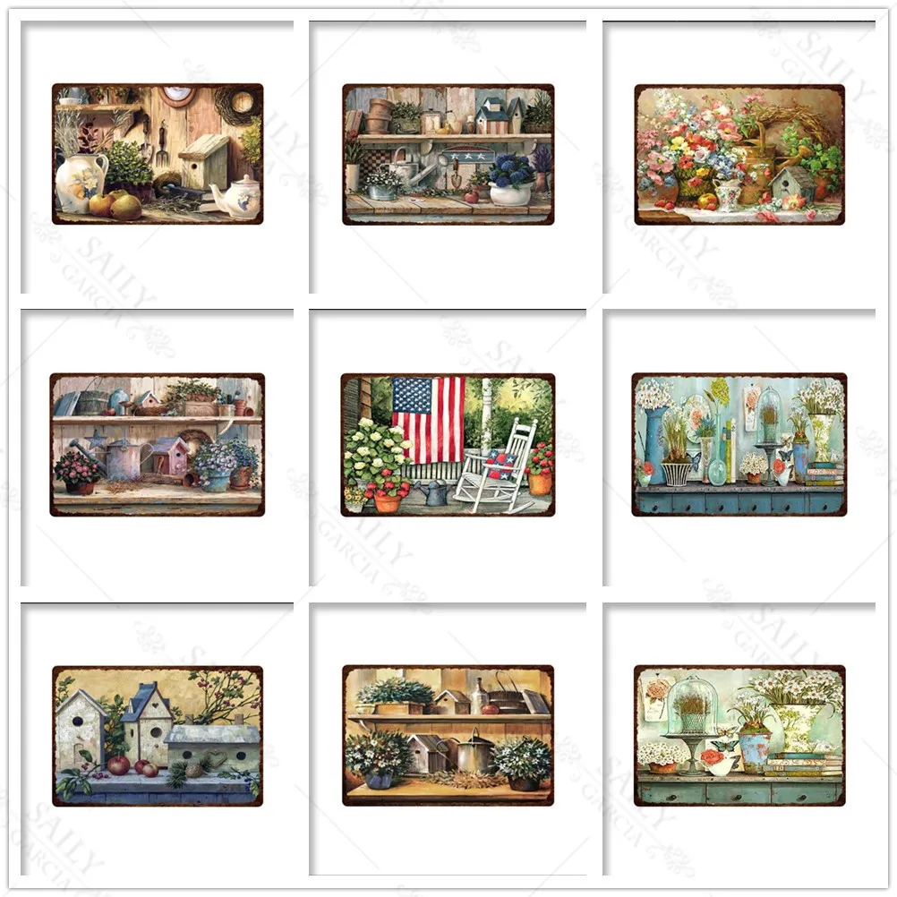 

Vintage Flowers Vase Metal Tin Sign Garden Scenery Metal Wall Art Plates Poster Pub Bar Sign Metal Home Decor Tin Arrt