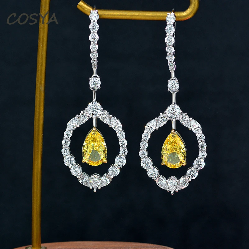 

COSYA 100% 925 Sterling Silver 8*12mm Citrine High Carbon Diamond Drop Earrings For Women Elegant Luxury Engagement Fine Jewelry