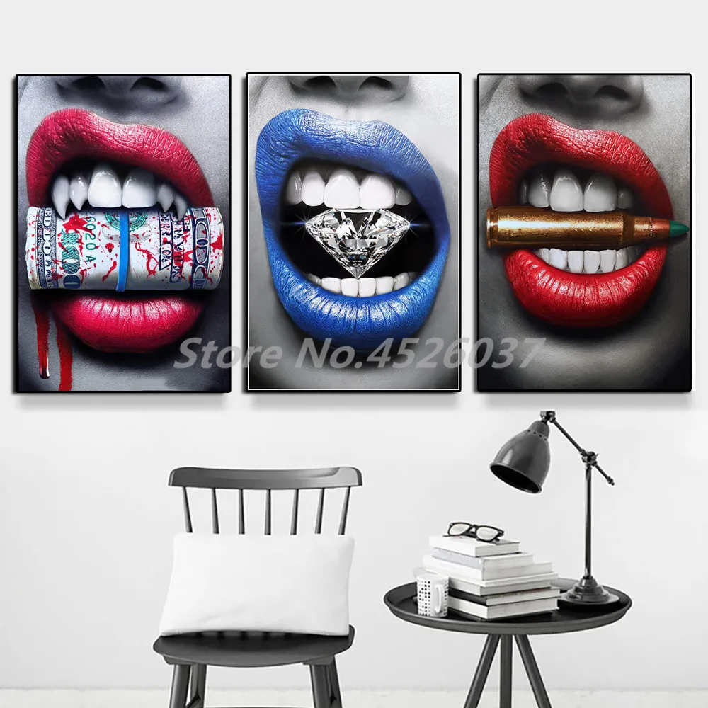 Красные губы с кровью деньги сексуальные синие холст плакат художественная