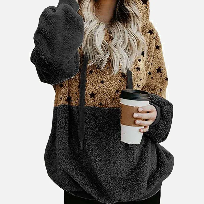 

Autumn Plush Patchwork Print Star Women's Hoodies Drawstring Zipper Long Sleeve Hooded Female Sweats 2021 Fashion Ladies Tops