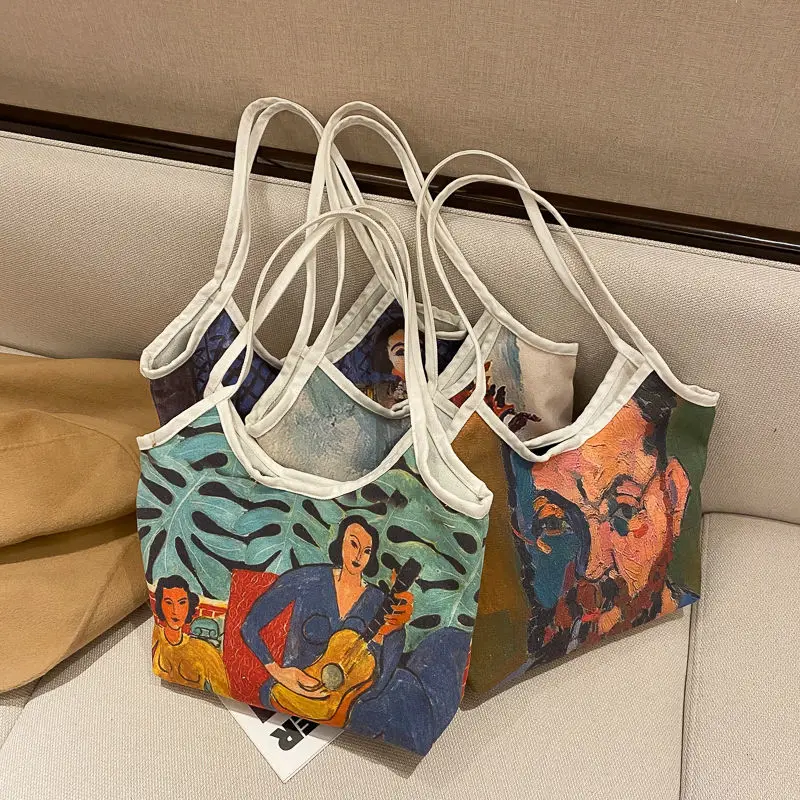 Woman Shoulder Bags Canvas Big Capacity Tote Printing Painting Portable Girls Fashion Ins Shopping Traveling