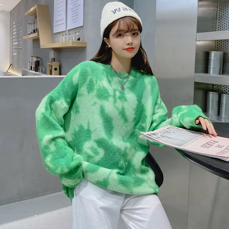 

AOSSVIAO Elegant Green Striped Print Oversized Pullovers Women Winter O-Neck Loose Long Sweaters Streetwear Warm Outerwear 2021