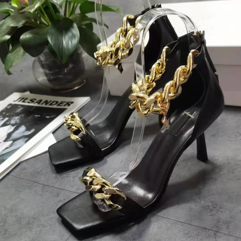 

Soft Real Leather Gladiator Sandals Women Square Toe Gold Chain Ankle Strap Strange Thin High Heels Shoes Woman Runway Sandalias