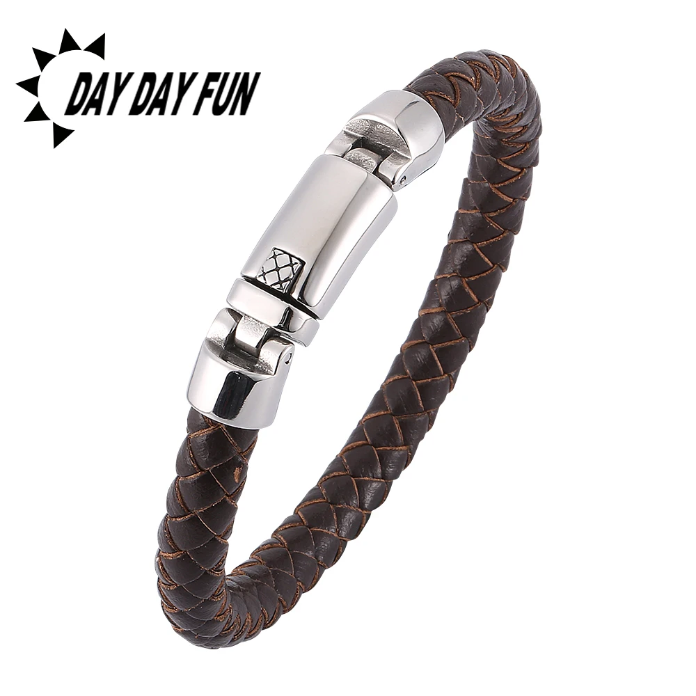Модный плетеный мужской кожаный браслет Изысканная застежка из нержавеющей