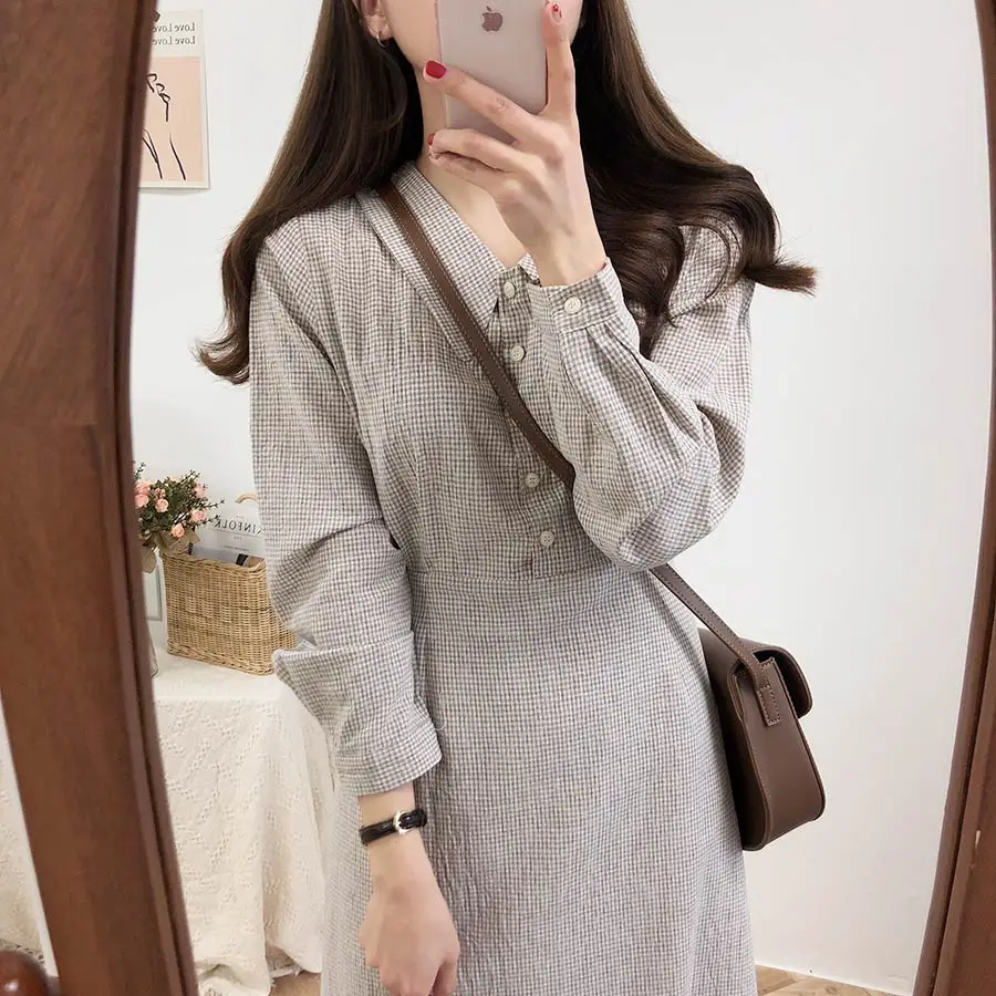 

new Plus size Autumn Dress Girls Boho Party Female Vintage Dress plaid buttons Long Sleeve Women Dresses Long shirt Robe Vestido