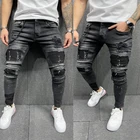 Мужские джинсы 2021, черные рваные джинсы скинни с масляной краской в стиле пэчворк, байкерские джинсовые брюки-карандаш, джинсы в стиле хип-хоп для улицы