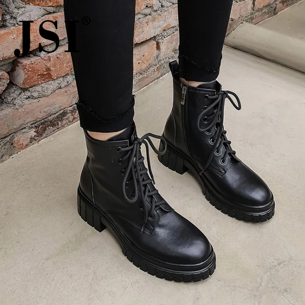 JSI Mid-calf Martin beige Boots Winter Woman Genuine Leather Low Heel Platform Ladies solid Pattern Cross-tied Shoes JO596 | Обувь