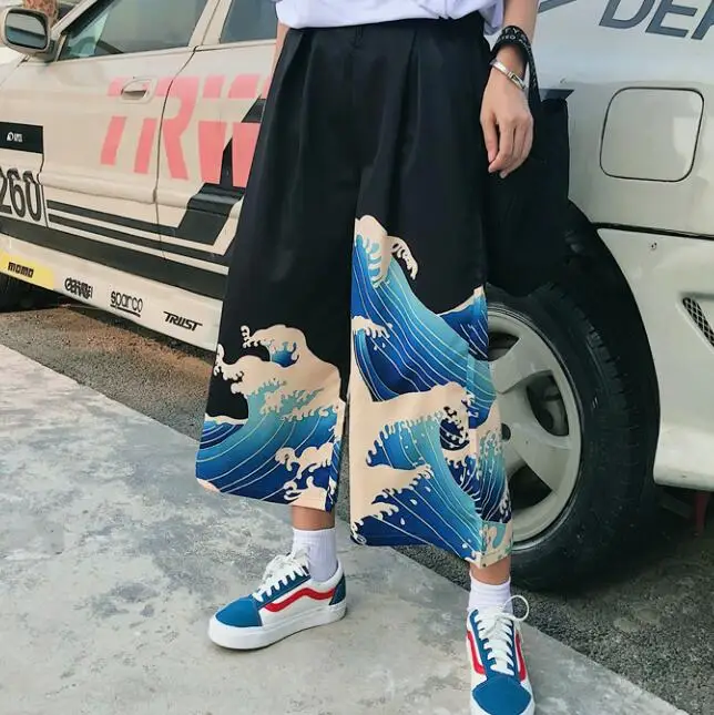 

Japanese Style Men Pants Wide Leg Trouser Waves Vintage Loose