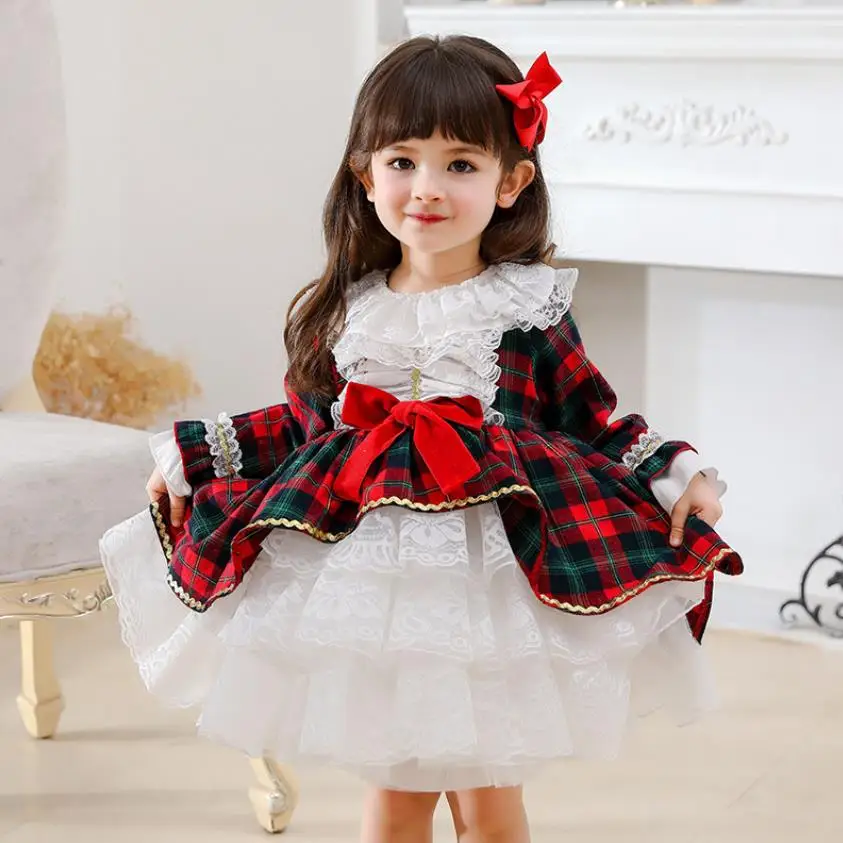 

Autumn New Spanish Vintage Lolita Princess Ball Gown Bow Lace Design Long Sleeve Birthday Party Easter Dresses For Girls L1302
