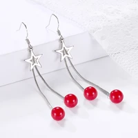 korean trendy five pointed star earrings womens temperament tassel exaggerated mid length red pearl earrings ladies earrings