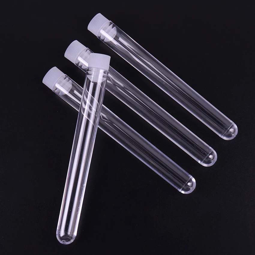 

10PCS 12x100mm Lab Clear Plastic Test Tube Round Bottom Tube Vial with Cap Office Lab Experiment Supplies
