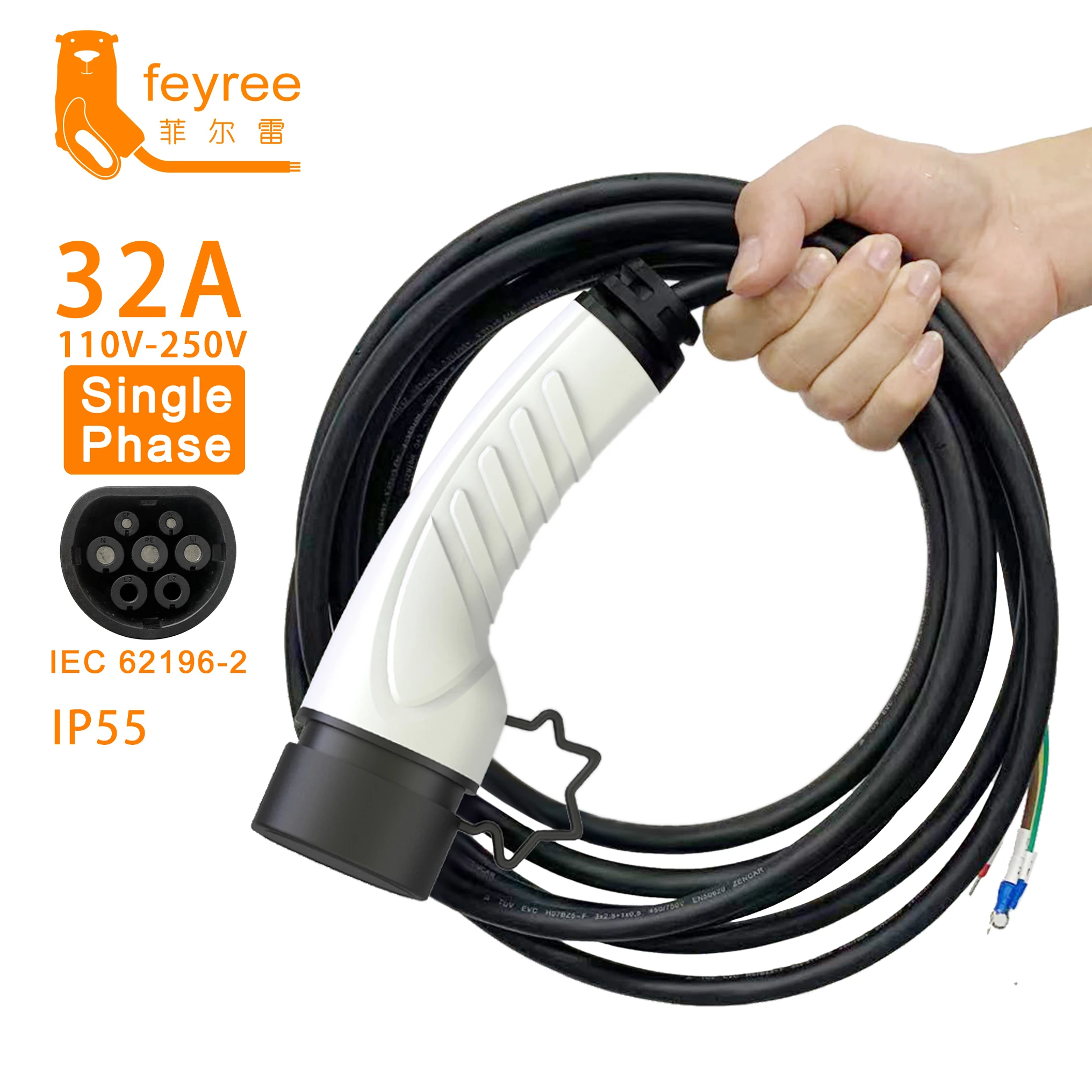 Feyree-enchufe para cargador EV de 32A y 8KW, Cable tipo 2 16A, estación de carga de 1 fase para coche, Cable de IEC62196-2 trifásico de 11KW y 22KW para vehículo eléctrico