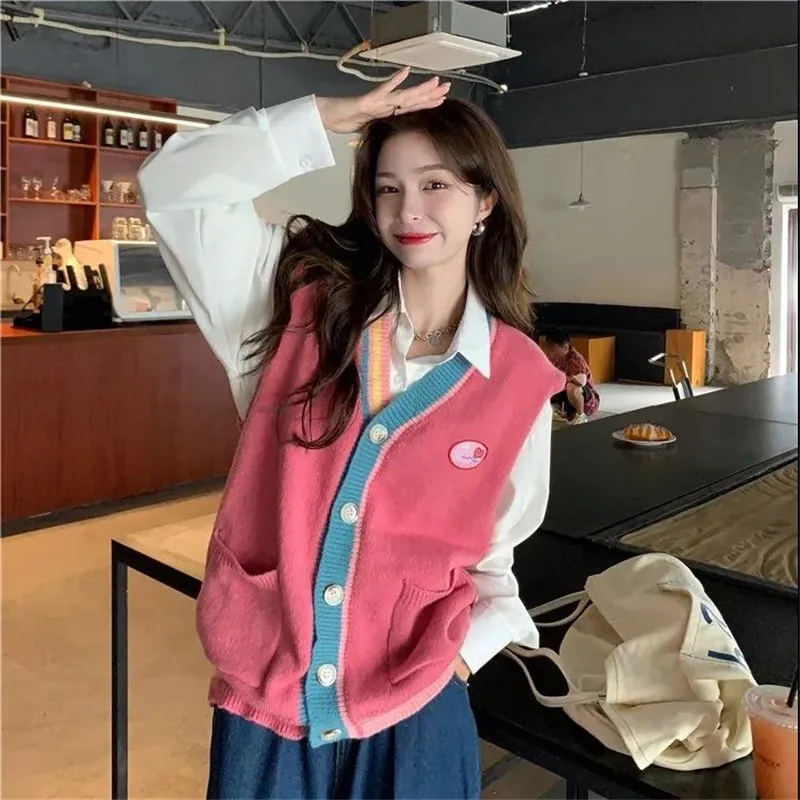 

Sweater Vest Women V-Neck Korean Loose Preppy Style Sleeveless Sweaters Sweet Casual All-match Classic Knitted Vest Students Top