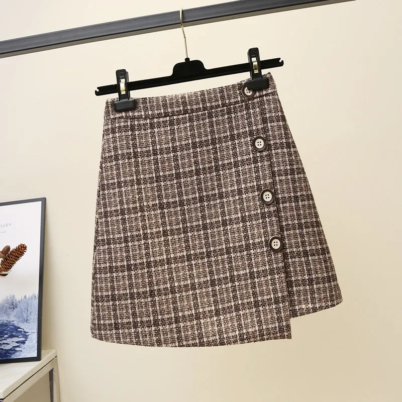 Шерстяная клетчатая юбка трапециевидной формы с пуговицами и асимметричным